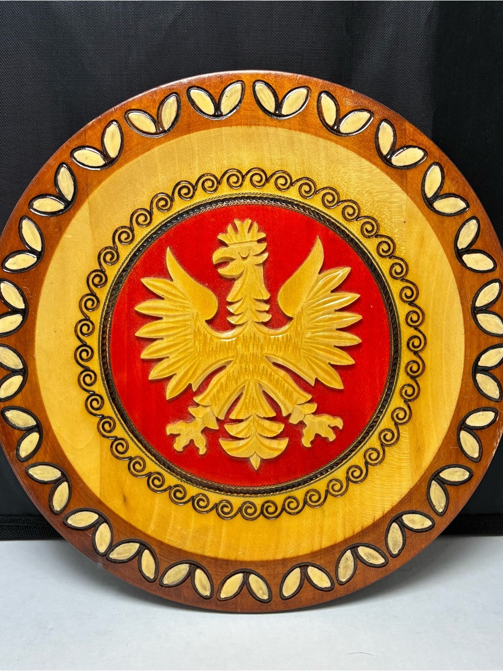 Vintage Polish Wooden Decorative Plaque with Carved Eagle Medallion - Red & Gold